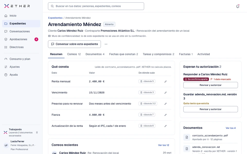 Expediente de XETHER con documentos, correos y datos vinculados a sus fuentes