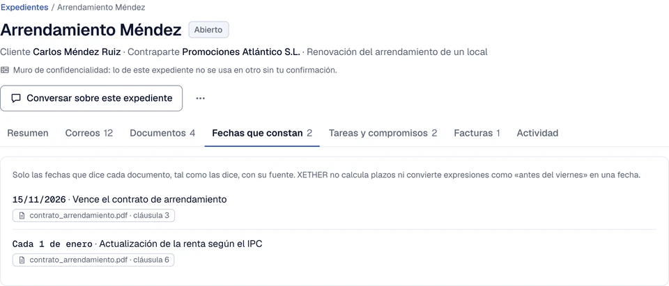 Fechas de un expediente con el documento y la cláusula de origen