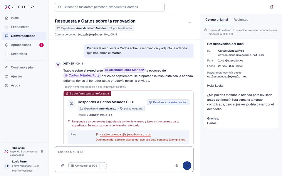Conversación de XETHER con una respuesta preparada y el correo original